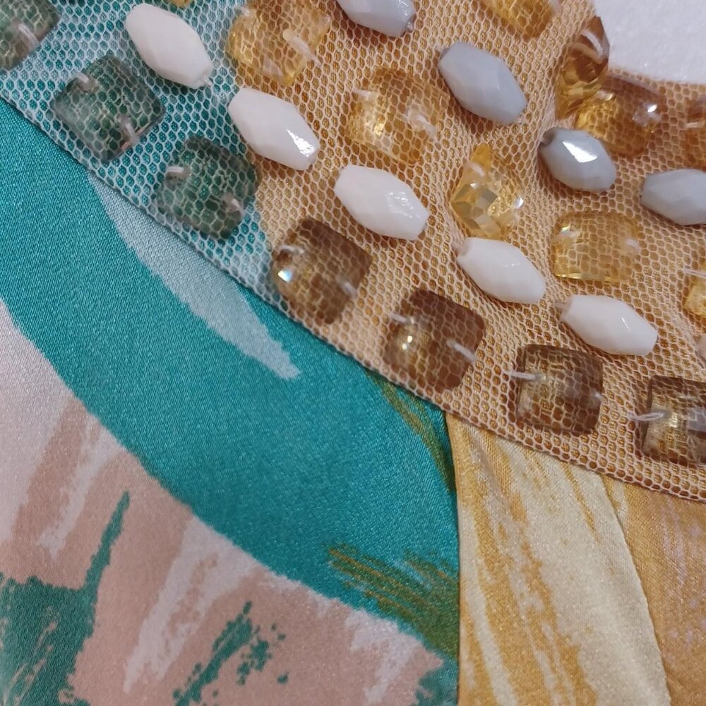 Y2k Bright yellow and blue beaded halter mini dress/ top with mesh details - Picture 3 of 4